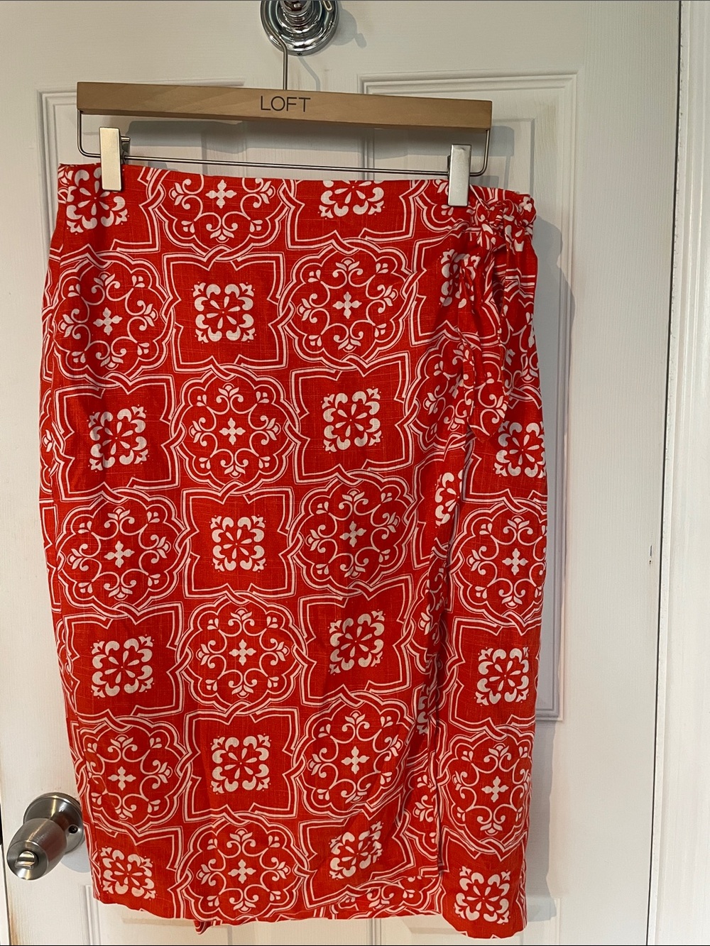 NWT Ann Taylor Ann Linen Blend Faux Wrap Orange White Tile Print Skirt